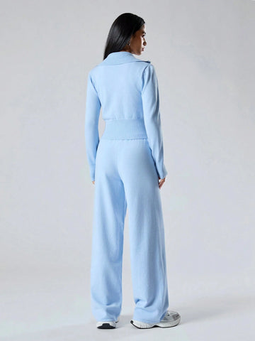 Women's Solid Color Zip Collar Long Sleeve Sweater Cardigan And Knit Pants