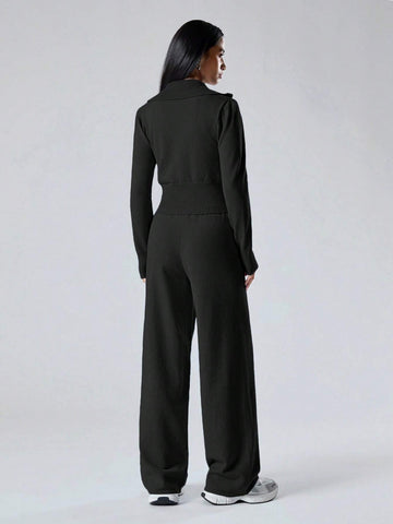 Women's Solid Color Zip Collar Long Sleeve Sweater Cardigan And Knit Pants