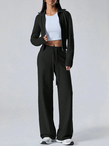 Women's Solid Color Zip Collar Long Sleeve Sweater Cardigan And Knit Pants