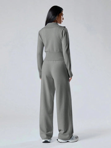 Women's Solid Color Zip Collar Long Sleeve Sweater Cardigan And Knit Pants