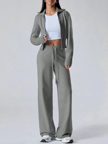 Women's Solid Color Zip Collar Long Sleeve Sweater Cardigan And Knit Pants