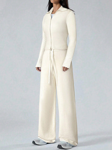 Women's Solid Color Zip Collar Long Sleeve Sweater Cardigan And Knit Pants