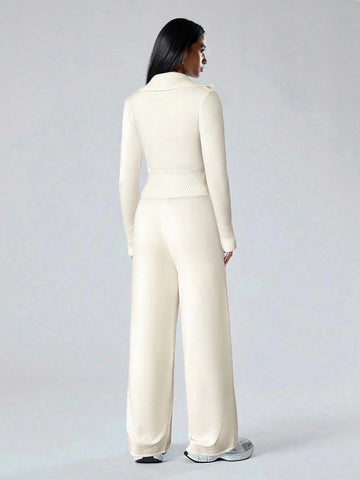 Women's Solid Color Zip Collar Long Sleeve Sweater Cardigan And Knit Pants