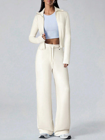 Women's Solid Color Zip Collar Long Sleeve Sweater Cardigan And Knit Pants