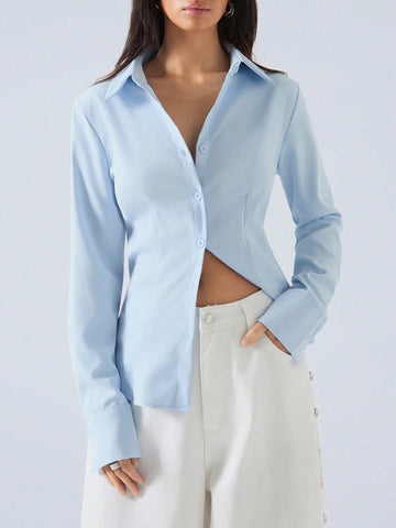 Women's Drawstring Solid Color Long Sleeve Single-Breasted Shirt