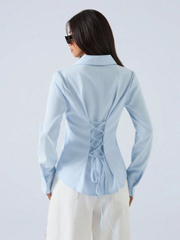 Women's Drawstring Solid Color Long Sleeve Single-Breasted Shirt