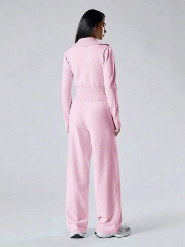 Women's Solid Color Zip Collar Long Sleeve Sweater Cardigan And Knit Pants