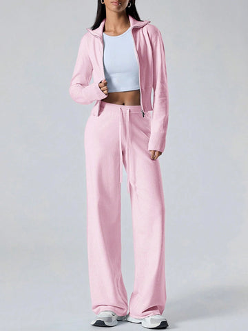 Women's Solid Color Zip Collar Long Sleeve Sweater Cardigan And Knit Pants