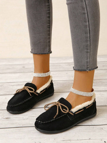 Lace-up Front Thermal Lined Faux Suede Flat Loafers