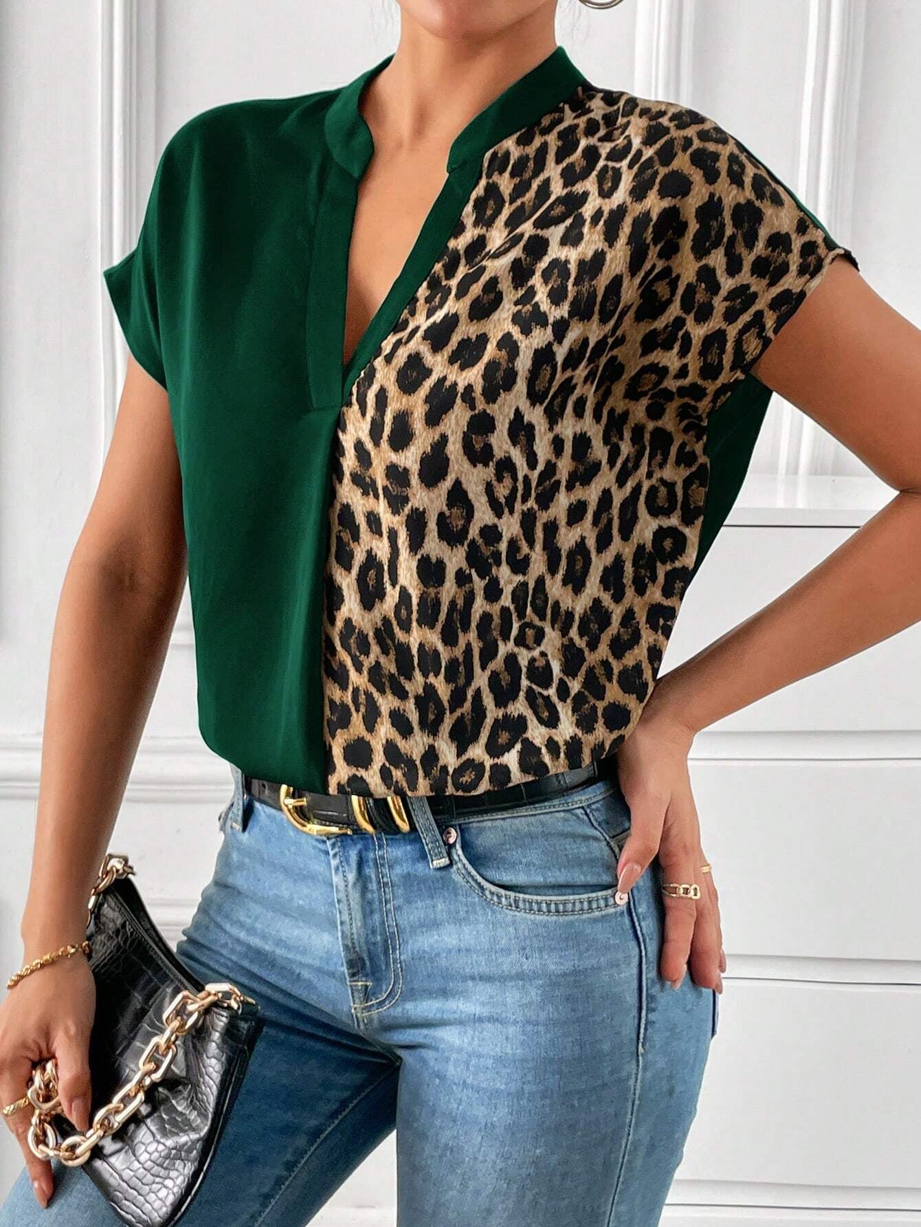 Leopard Print Notched Neck Batwing Sleeve Blouse