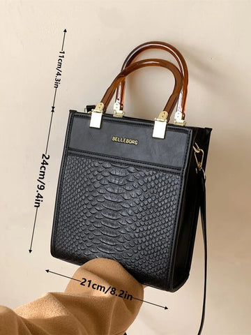 Letter Graphic Snakeskin Embossed Square Bag