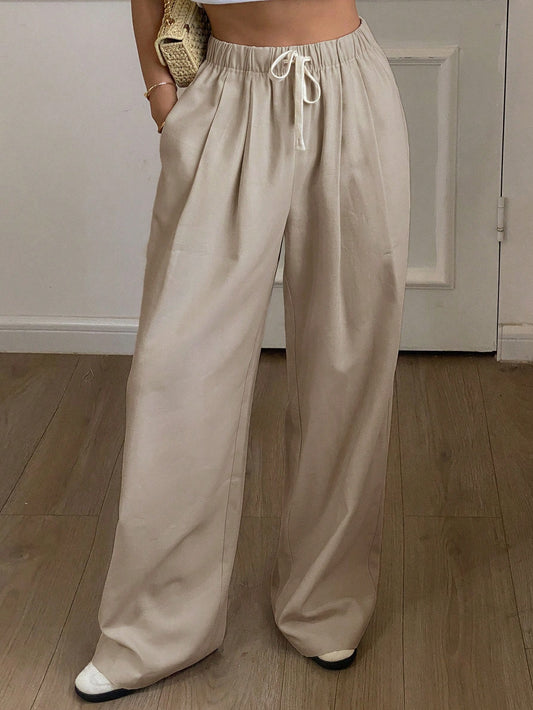 olid Color Loose Straight Leg Pants With Elastic Waist And Drawstring
