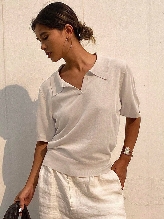 DAZY Striped Polo Collar Short Sleeve Casual Women Knitwear Top