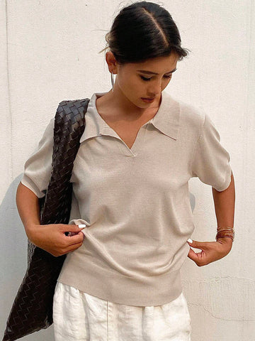 DAZY Striped Polo Collar Short Sleeve Casual Women Knitwear Top