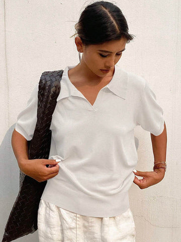DAZY Striped Polo Collar Short Sleeve Casual Women Knitwear Top