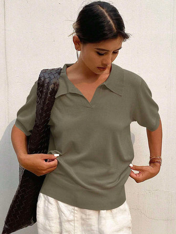 DAZY Striped Polo Collar Short Sleeve Casual Women Knitwear Top
