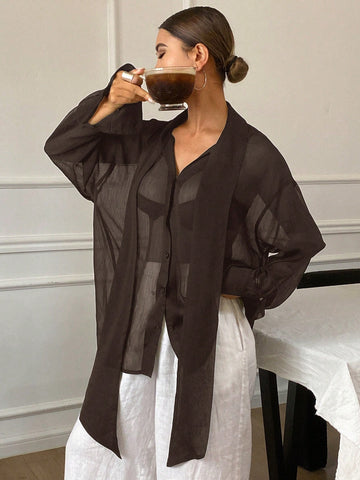 Women's Loose Tie Neck Long Sleeve Thin Casual Summer Blouse