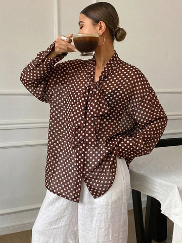 Women's Loose Tie Neck Long Sleeve Thin Casual Summer Blouse