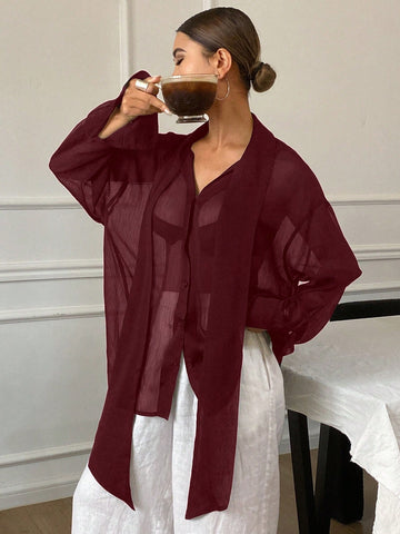 Women's Loose Tie Neck Long Sleeve Thin Casual Summer Blouse