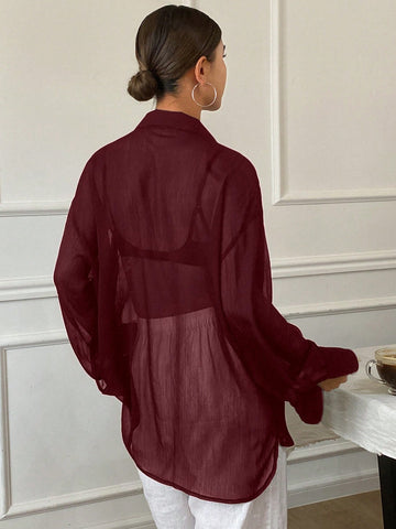 Women's Loose Tie Neck Long Sleeve Thin Casual Summer Blouse
