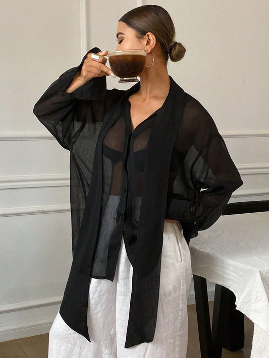 Women's Loose Tie Neck Long Sleeve Thin Casual Summer Blouse