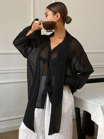 Women's Loose Tie Neck Long Sleeve Thin Casual Summer Blouse
