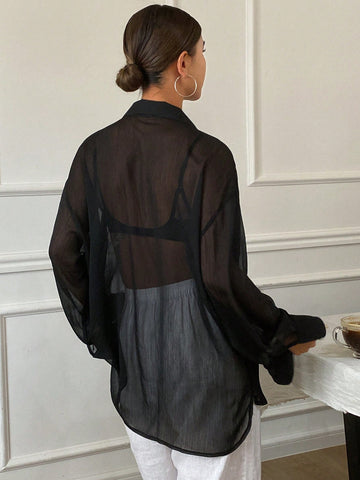 Women's Loose Tie Neck Long Sleeve Thin Casual Summer Blouse