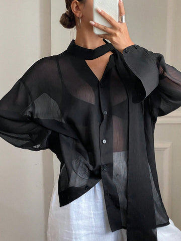 Women's Loose Tie Neck Long Sleeve Thin Casual Summer Blouse