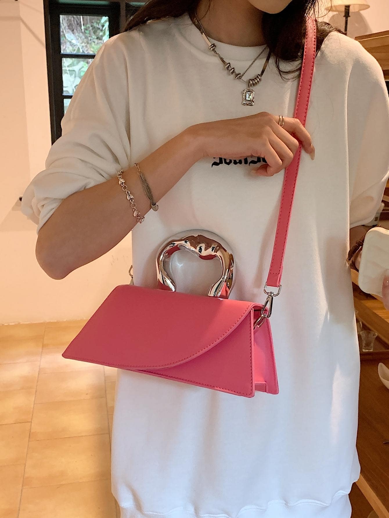 Long Asymmetrical Fashion Metal Clutch Bag With Flap