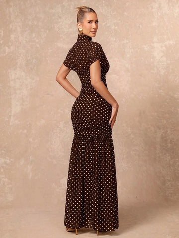 Polka Dot Soft Flowy Mesh High Neck Ruched Waist Bodycon Dress