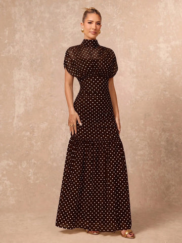 Polka Dot Soft Flowy Mesh High Neck Ruched Waist Bodycon Dress