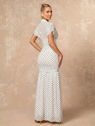 Polka Dot Soft Flowy Mesh High Neck Ruched Waist Bodycon Dress