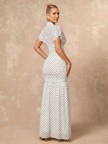 Polka Dot Soft Flowy Mesh High Neck Ruched Waist Bodycon Dress