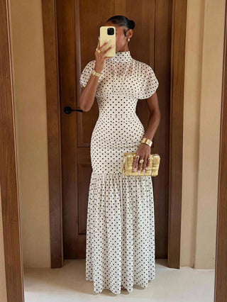 Polka Dot Soft Flowy Mesh High Neck Ruched Waist Bodycon Dress