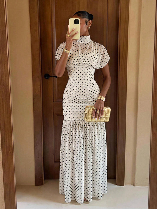 Polka Dot Soft Flowy Mesh High Neck Ruched Waist Bodycon Dress