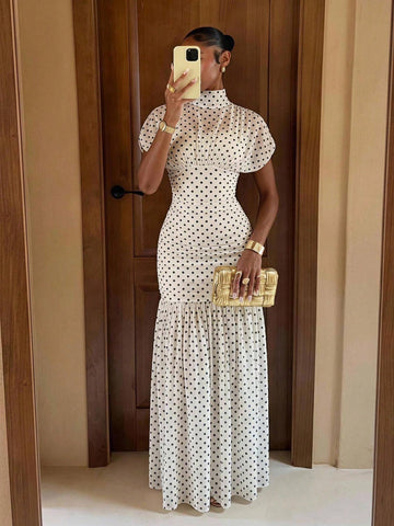 Polka Dot Soft Flowy Mesh High Neck Ruched Waist Bodycon Dress
