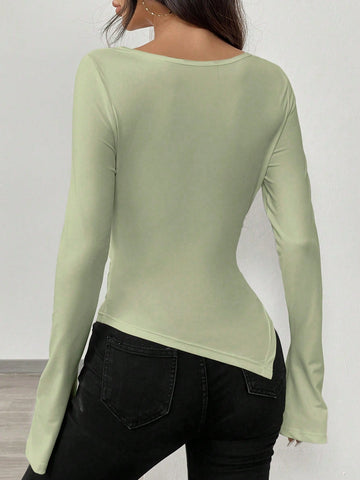 RosyDaze Asymmetric Hem Asymmetrical Neck Knit T-Shirt