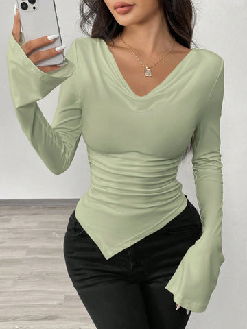RosyDaze Asymmetric Hem Asymmetrical Neck Knit T-Shirt