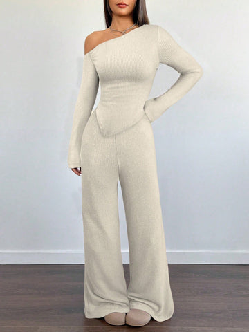 Women's Casual Asymmetrical Shoulder Fuzzy T-Shirt + Wide Leg Low Waist Pants