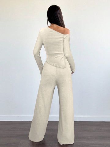 Women's Casual Asymmetrical Shoulder Fuzzy T-Shirt + Wide Leg Low Waist Pants