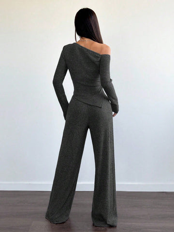 Women's Casual Asymmetrical Shoulder Fuzzy T-Shirt + Wide Leg Low Waist Pants