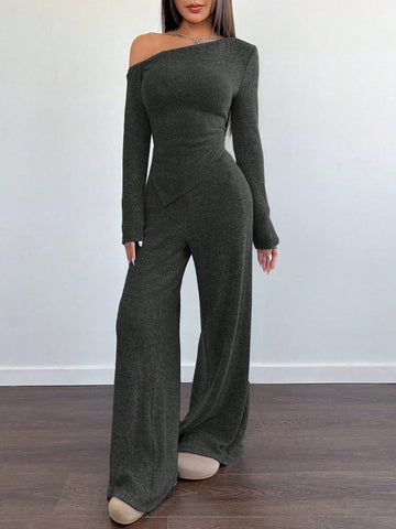 Women's Casual Asymmetrical Shoulder Fuzzy T-Shirt + Wide Leg Low Waist Pants