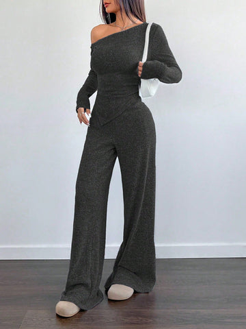 Women's Casual Asymmetrical Shoulder Fuzzy T-Shirt + Wide Leg Low Waist Pants
