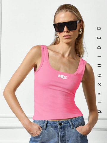 MISSGUIDED Embroidered Logo Ribbed Square Neck Tank Top