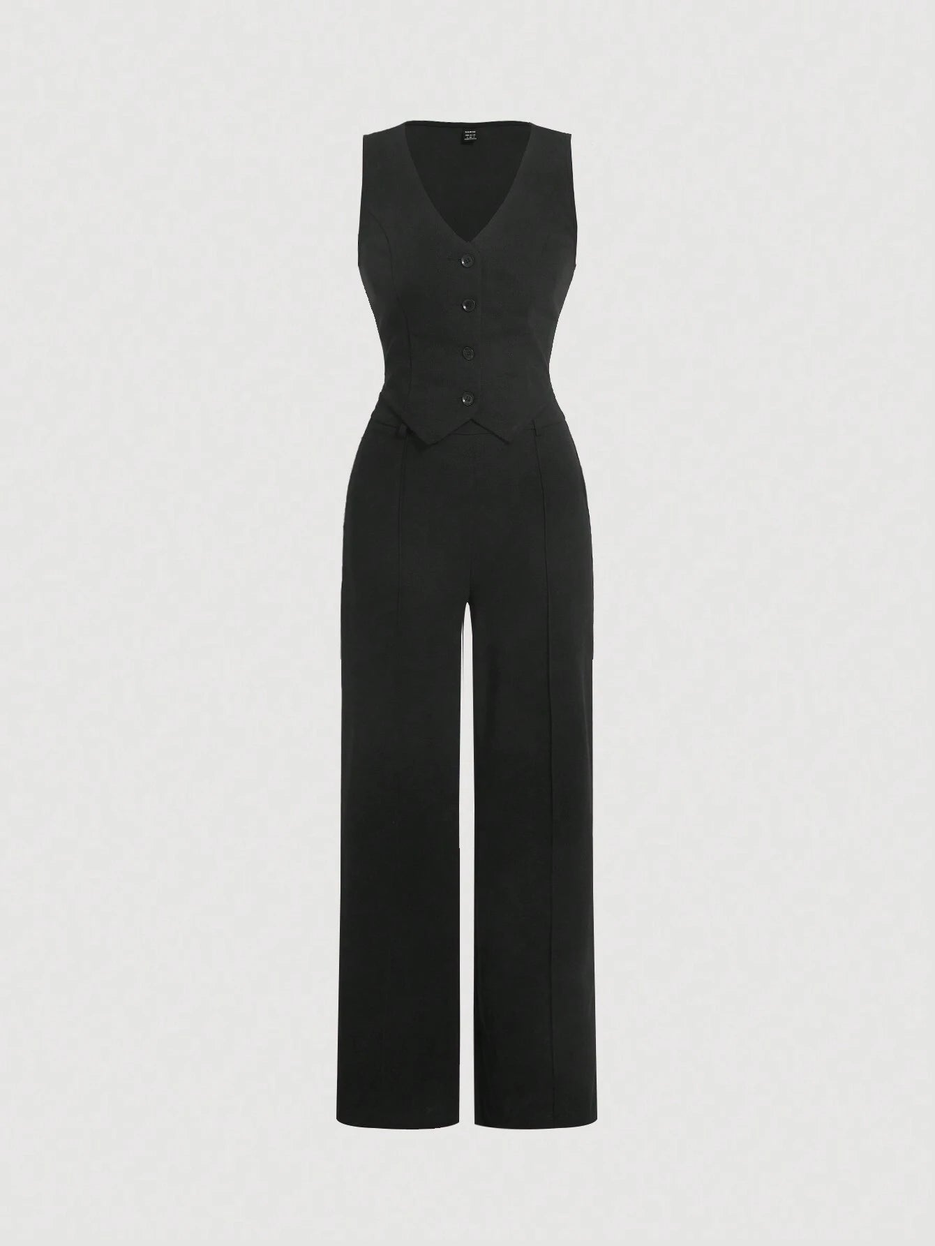 MOD Black Date Night Front Buckle V-Shaped Hem Solid Button Front Vest Jacket & Seam Front Pants