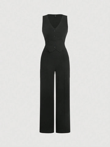 MOD Black Date Night Front Buckle V-Shaped Hem Solid Button Front Vest Jacket & Seam Front Pants