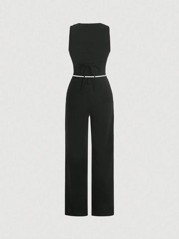 MOD Black Date Night Front Buckle V-Shaped Hem Solid Button Front Vest Jacket & Seam Front Pants