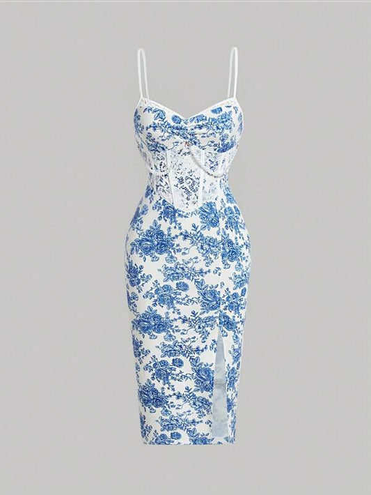 MOD Floral Print Lace Panel Split Hem Cami Dress