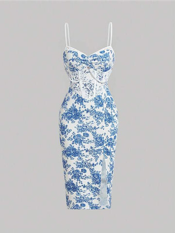 MOD Floral Print Lace Panel Split Hem Cami Dress