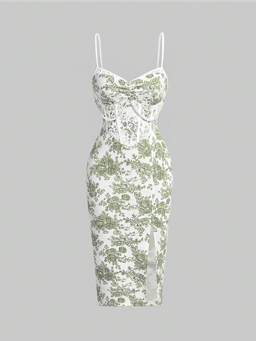 MOD Floral Print Lace Panel Split Hem Cami Dress